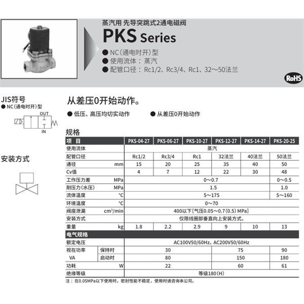 CKD喜開理蒸汽用先導突跳式2通電磁閥PKS-06-27-AC200V