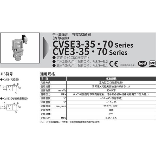 CKD喜開理中?高壓用氣控式3通閥CVSE3-25A-70-B3RB-R-3